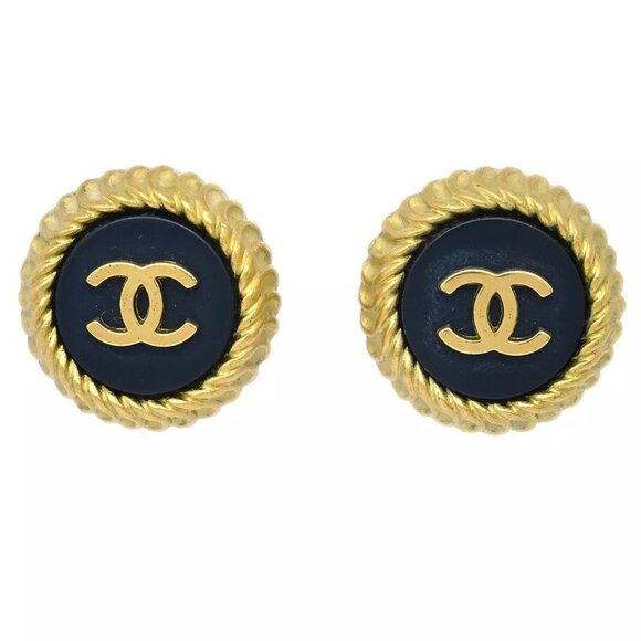 Auth Chanel Gold Black Button Earrings Clip-On 95C - Picture 1 of 9